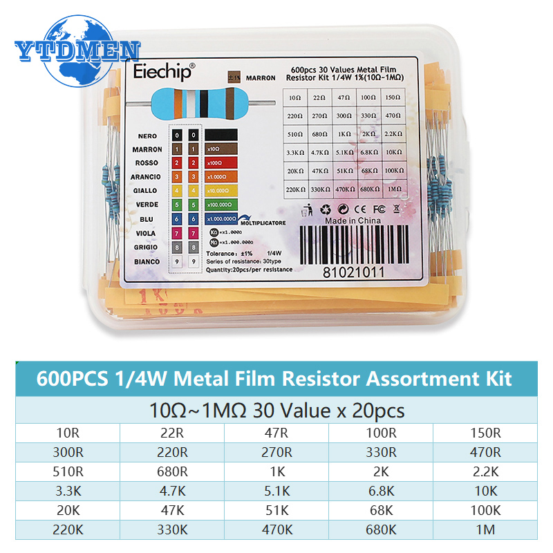 300-600PCS 1/4W Kit de resisto - Resistor Kit 1 4W avaliação e preço